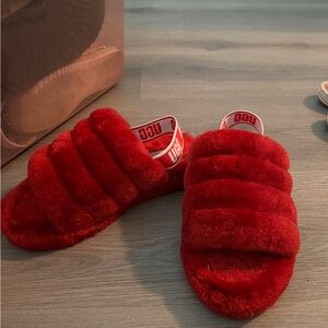 UGG Vibrant Red Fluffy Slides